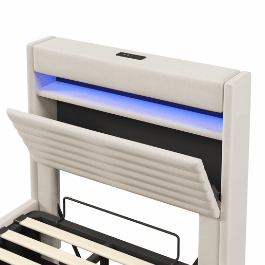 Cama estofada 90x200 cm - Com porta USB Tipo-C, iluminação LED, armazenamento hidráulico, compartimento Flip-Top, controlo por botãoApp, sem colchão - Bege