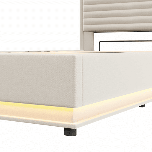 Cama estofada 90x200 cm - Com porta USB Tipo-C, iluminação LED, armazenamento hidráulico, compartimento Flip-Top, controlo por botãoApp, sem colchão - Bege