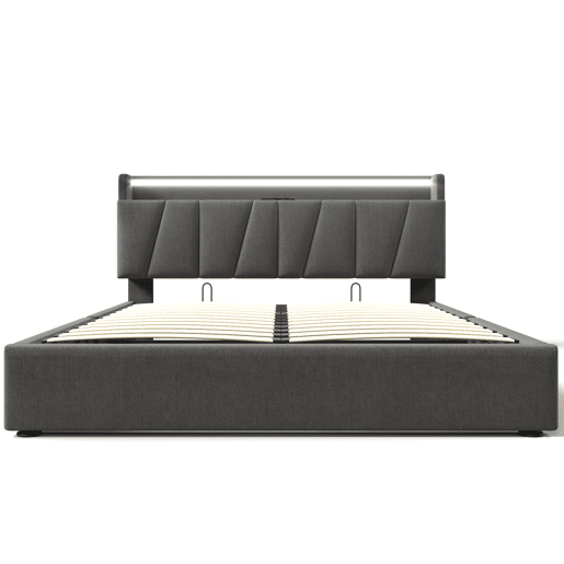 Cama estofada 160x200 cm - Função de carregamento USB, cabeceira com arrumação e luzes LED - Cinza