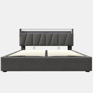 Cama estofada 160x200 cm - Função de carregamento USB, cabeceira com arrumação e luzes LED - Cinza
