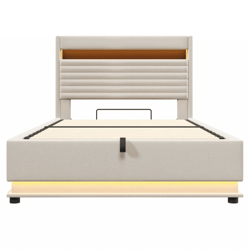 Cama estofada 140x200 cm - com carregamento USB Tipo C, iluminação LED, armazenamento hidráulico, baú rebatível, controlo por botãoaplicação, sem colchão - Bege