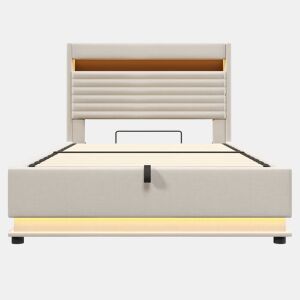 Cama estofada 140x200 cm - com carregamento USB Tipo C, iluminação LED, armazenamento hidráulico, baú rebatível, controlo por botãoaplicação, sem colchão - Bege