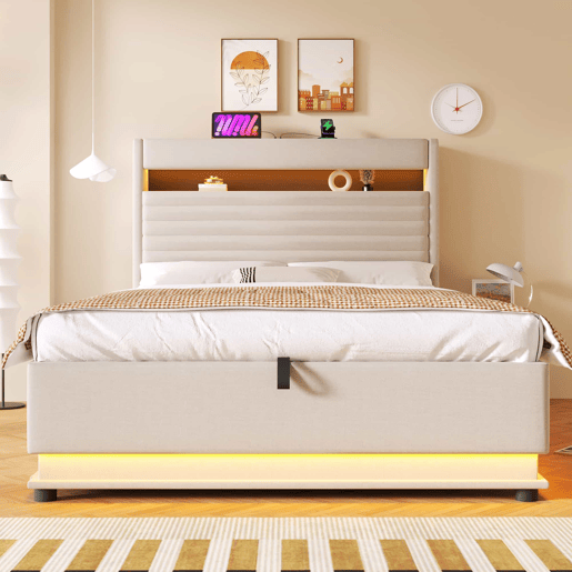 Cama estofada 140x200 cm - com carregamento USB Tipo C, iluminação LED, armazenamento hidráulico, baú rebatível, controlo por botãoaplicação, sem colchão - Bege