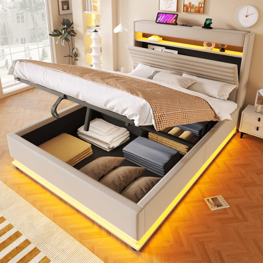 Cama estofada 140x200 cm - com carregamento USB Tipo C, iluminação LED, armazenamento hidráulico, baú rebatível, controlo por botãoaplicação, sem colchão - Bege