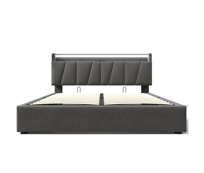 Cama tapizada 140x200cm - función de carga usb, cabecera, iluminación led, 4 cajones, estructura de madera - gris