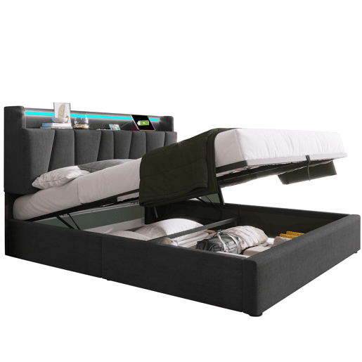 Cama estofada 140x200cm - Função de carregamento USB, cabeceira, iluminação LED, 4 gavetas, estrutura em madeira - Cinza