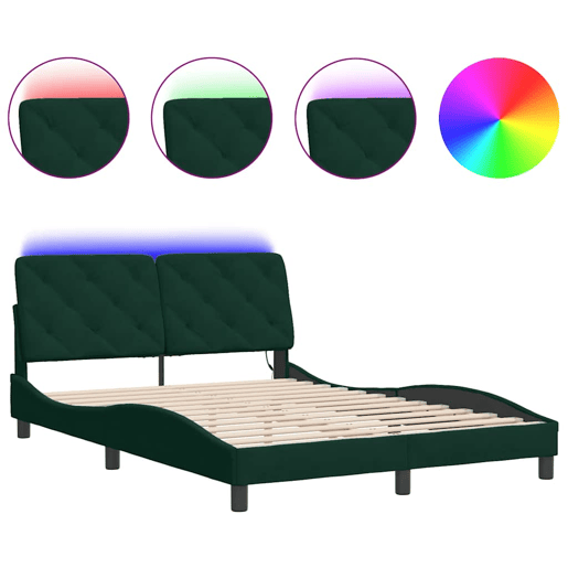 Estrutura de Cama de casal moderno com LED sem colchão 140x200 cm veludo verde-escuro