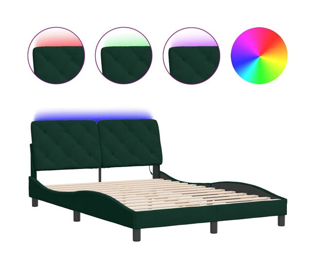 Estructura de cama doble matrimonial con led - terciopelo verde oscuro 140x200 cm
