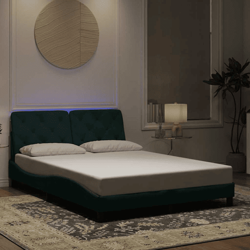 Estrutura de Cama de casal moderno com LED sem colchão 140x200 cm veludo verde-escuro