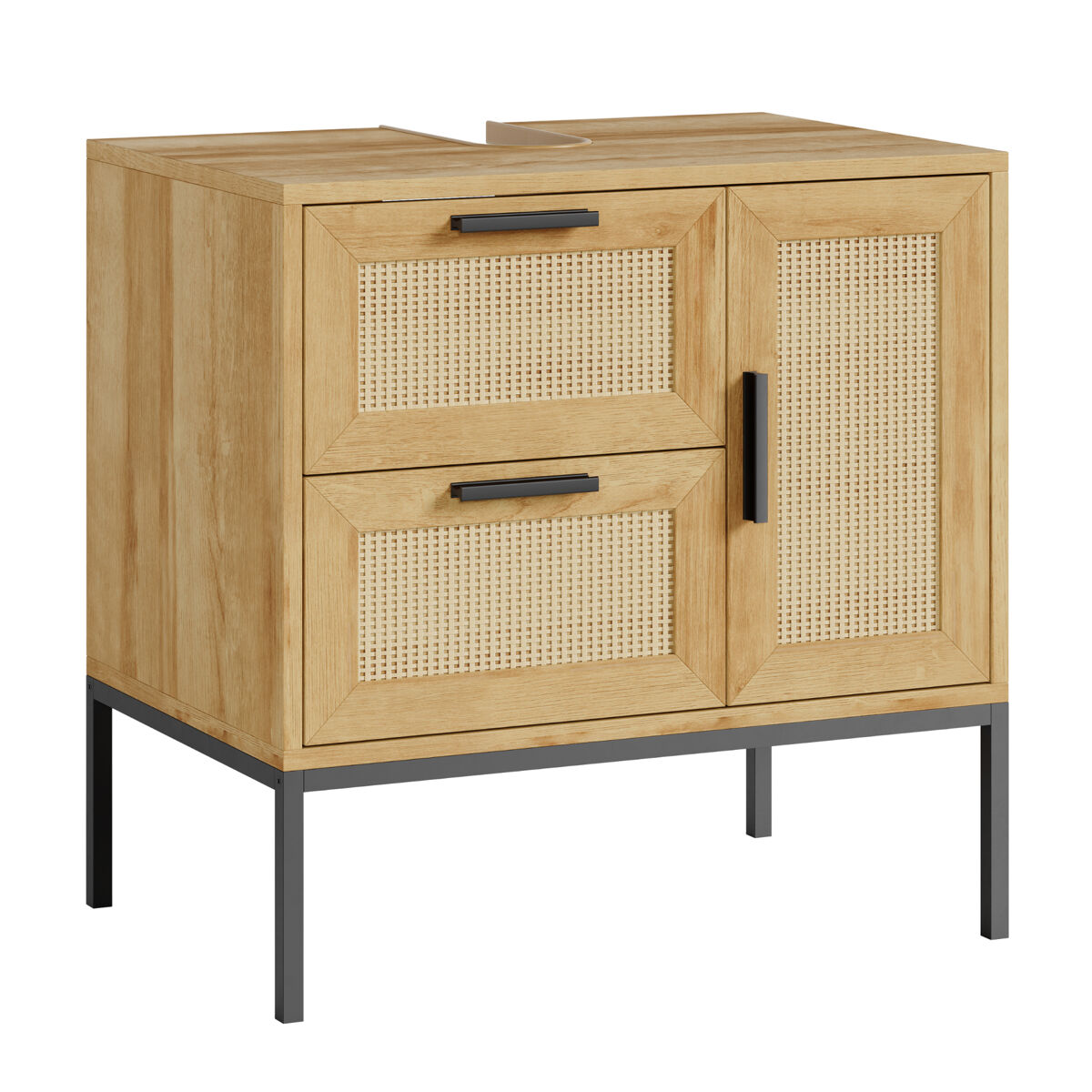 Mueble bajo lavabo marhasa 2 puertas 1 cajón ratán 60x60x40cm roble [en.casa]