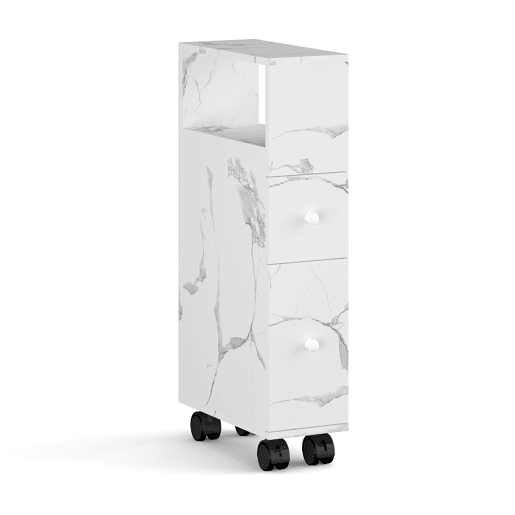 Estante Multiuso Nicho Broreynna com rodízios 2 gavetas 66x15x33 cm Mármore Branco en.casa