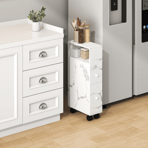 Estante Multiuso Nicho Broreynna com rodízios 2 gavetas 66x15x33 cm Mármore Branco en.casa