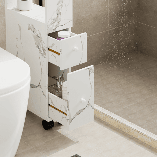 Estante Multiuso Nicho Broreynna com rodízios 2 gavetas 66x15x33 cm Mármore Branco en.casa