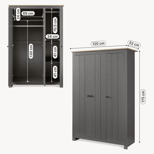 Armário Roupeiro Vasand com 3 portas 175x120x52cm CinzentoCarvalho en.casa