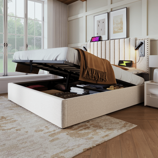 Cama contentora em tecido de algodão 140x200 cm - com luzes de leitura e portas de carregamento USB - com estrado de ripas - Bege