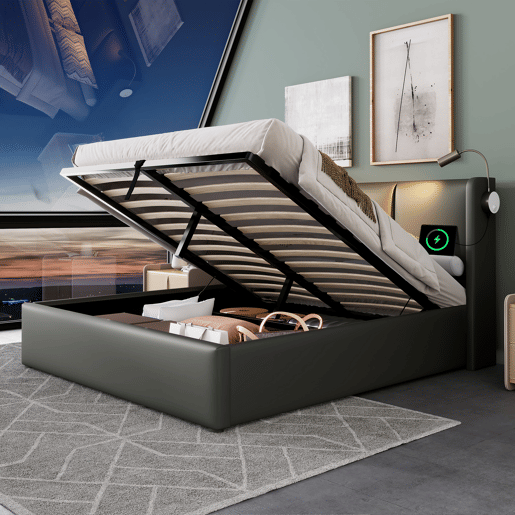 Cama para arrumação de roupa de cama 160x200 cm - com luzes de leitura e portas de carregamento USB - com estrado de ripas - Cinzento