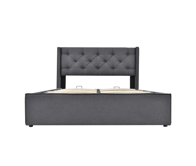 Cama con almacenaje acolchada 140x200 cm en tejido de algodón - con somier de láminas - gris