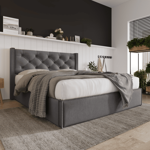 Cama com arrumação estofada 140x200 cm em tecido de algodão - com estrado de ripas - Cinzento
