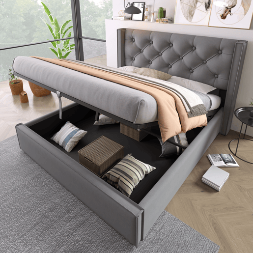 Cama com arrumação estofada 140x200 cm em tecido de algodão - com estrado de ripas - Cinzento