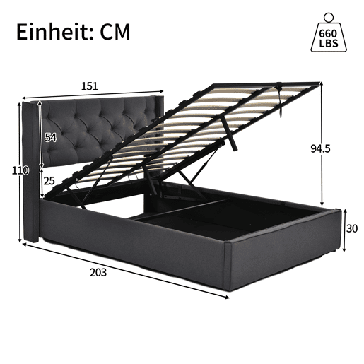 Cama com arrumação estofada 140x200 cm em tecido de algodão - com estrado de ripas - Cinzento
