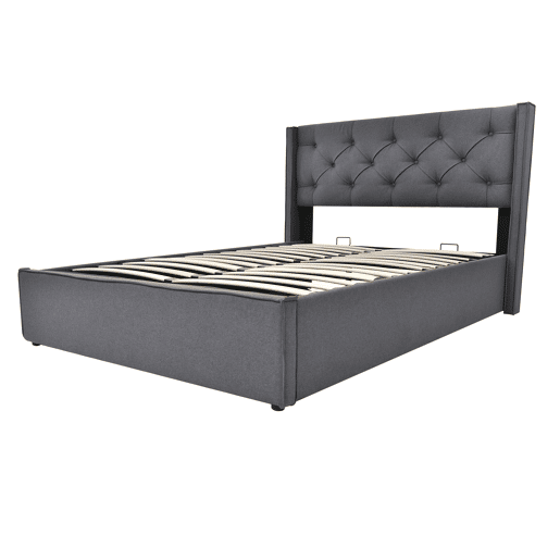 Cama com arrumação estofada 140x200 cm em tecido de algodão - com estrado de ripas - Cinzento