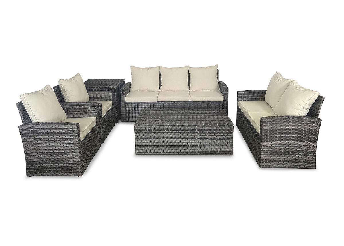 Conjunto de sofas + 2 sillones + mesa + baul en ratan pe. muebles de jardin y terraza, ratan marron