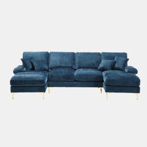 Sofá seccional grande em U - Chenille com assentos reclináveis duplos - Azul