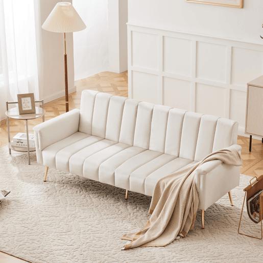 Sofá-cama dobrável moderno de 2 lugares - com função de cama, com pés auxiliares, tecido de veludo - Bege