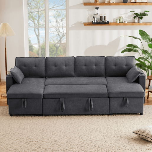Sofá-cama em forma de U - Com função de cama, com porta-copos, arrumação, adequado para famílias - Cinza
