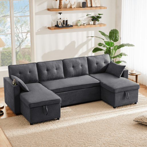 Sofá-cama em forma de U - Com função de cama, com porta-copos, arrumação, adequado para famílias - Cinza
