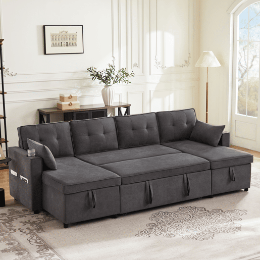 Sofá-cama em forma de U - Com função de cama, com porta-copos, arrumação, adequado para famílias - Cinza