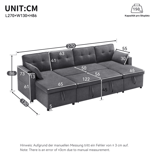 Sofá-cama em forma de U - Com função de cama, com porta-copos, arrumação, adequado para famílias - Cinza