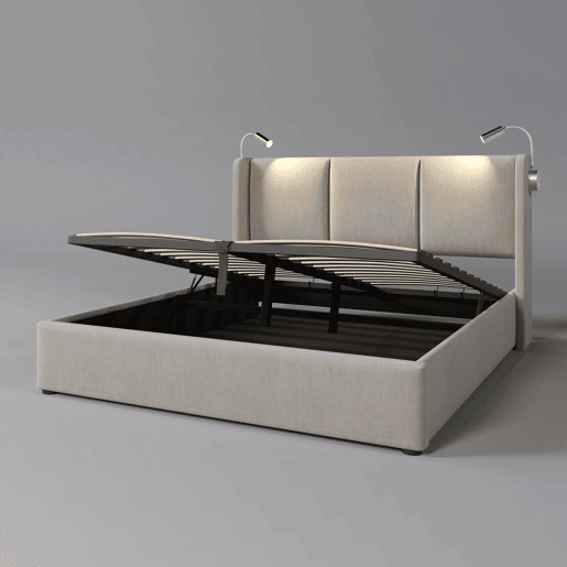 Cama para arrumação de roupa de cama 160x200 cm - com luzes de leitura e portas de carregamento USB - com estrado de ripas - Bege