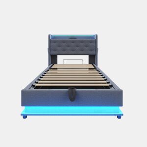 Cama infantil 90x200 cm - Com luzes LED que mudam de cor, porta USB, cabeceira rebatível, armazenamento hidráulico, bolsa para telemóvel - Cinza