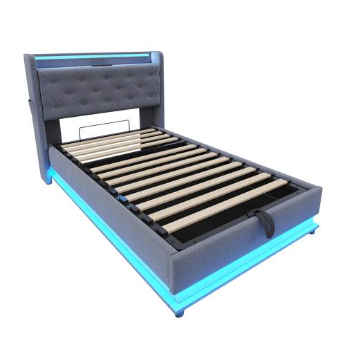 Cama infantil 90x200 cm - Com luzes LED que mudam de cor, porta USB, cabeceira rebatível, armazenamento hidráulico, bolsa para telemóvel - Cinza