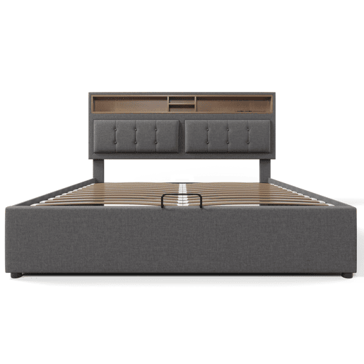 Cama contentora de 160x200 cm em tecido de linho - cabeceira regulável com fichas - com estrado - Cinzento