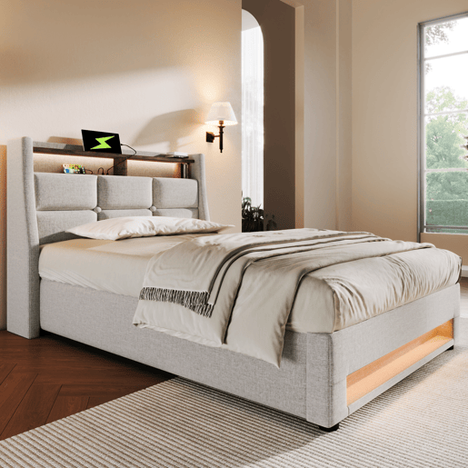 Cama para arrumação de roupa de cama 90x200 cm com LED e portas USB - estrado de ripas - bege