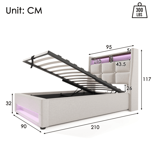 Cama para arrumação de roupa de cama 90x200 cm com LED e portas USB - estrado de ripas - bege
