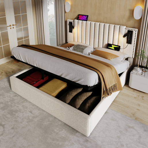 Cama contentora em tecido de algodão 160x200 cm - com luzes de leitura e portas de carregamento USB - com estrado de molas - Bege