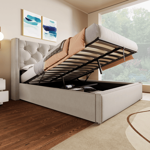 Cama contentora estofada 160x200 cm em tecido de algodão - com estrado de ripas - Cinzento claro