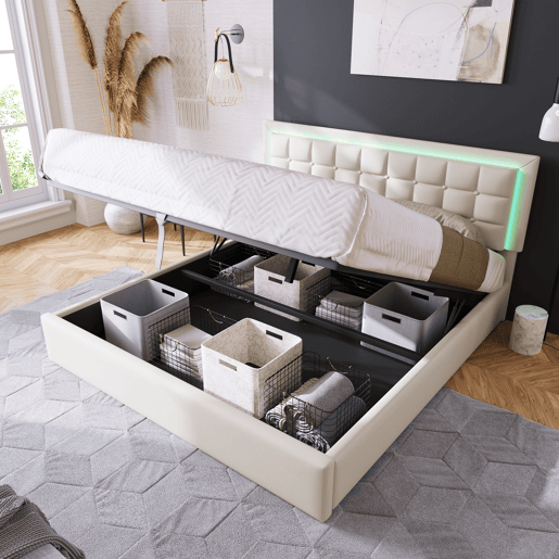 Cama contentora 180x200cm com LED em imitação de pele - com estrado - Branco