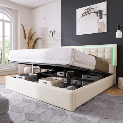 Cama contentora 180x200cm com LED em imitação de pele - com estrado - Branco