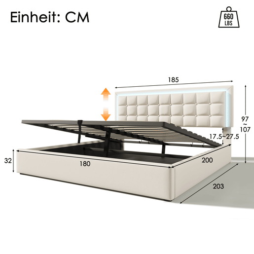 Cama contentora 180x200cm com LED em imitação de pele - com estrado - Branco