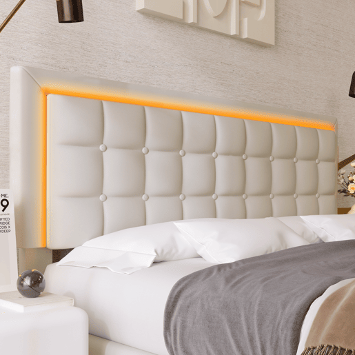 Cama contentora 180x200cm com LED em imitação de pele - com estrado - Branco