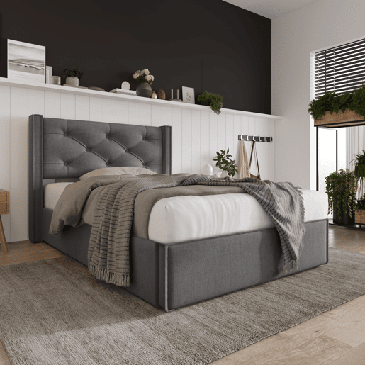Cama contentora estofada 90x200 cm em tecido de algodão - com estrado de molas - Cinzento