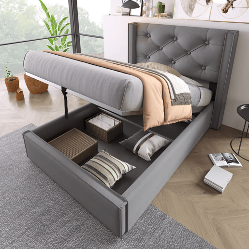 Cama contentora estofada 90x200 cm em tecido de algodão - com estrado de molas - Cinzento