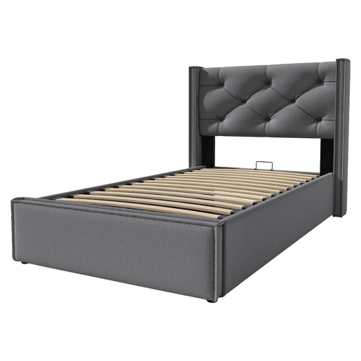 Cama contentora estofada 90x200 cm em tecido de algodão - com estrado de molas - Cinzento