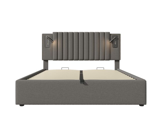 Cama contenedor de tela de algodón 140x200 cm - con luces de lectura y puertos de carga usb - con somier - gris