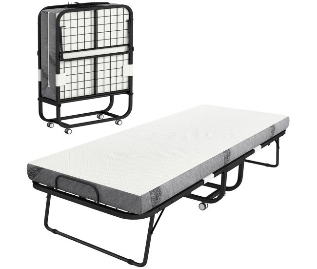 Homcom cama plegable 200x80 cm con 4 ruedas, cama de camping portátil, con colchón individual de 10 cm, marco de acero, carga 150 kg, para dormitorio, salón, oficina, blanco