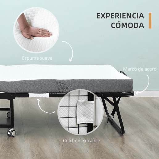 HOMCOM Cama Dobrável 200x75x42,5cm Cama de Campismo Portátil com Colchão Individual Rodas e Freios Carga Máxima 150kg para Dormitórios Branco